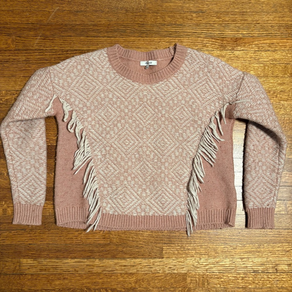 Madewell Women's Pink Merino Wool‎ Blend Sweater Size S Fringe Detail Knit